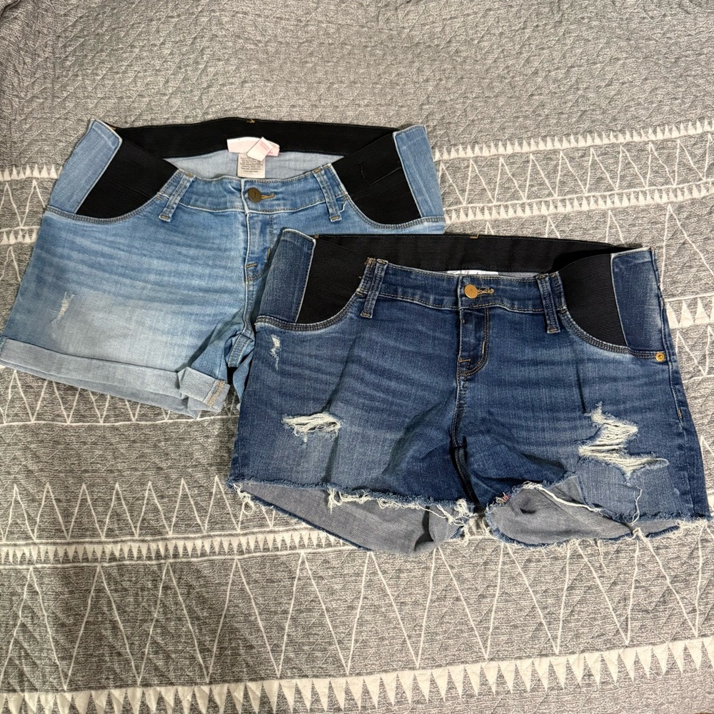 Maternity Denim Shorts - Light & Dark Blue Distressed Stretch Waist